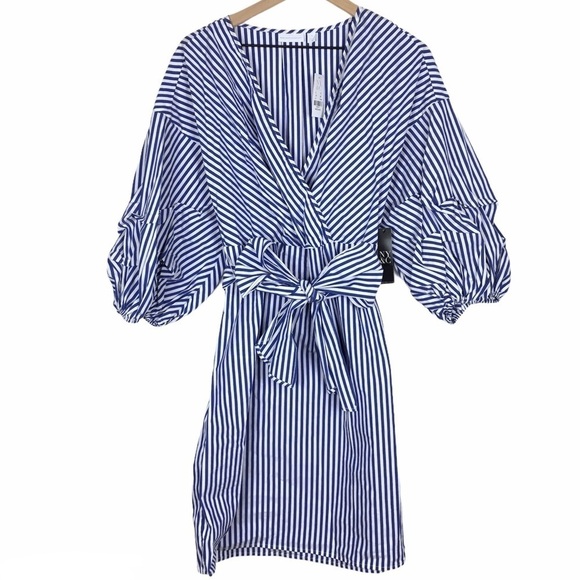 NEW YORK & COMPANY Dress Puff Sleeve Stripe Classic Preppy Pinstripe Medium - Picture 2 of 15